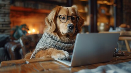 Canine Computer Whiz: Funny Dog in Glasses & Shirt Works with Golden Retriever Dressed as Programmer/Businessman at Desk