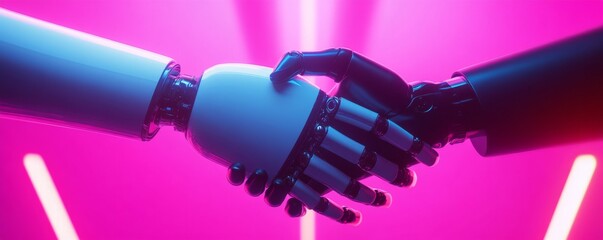 Poster - Robotic handshake under neon lights, futuristic harmony. technology and collaboration concept