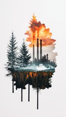 Wall Mural - industrial pollution and environmental damage - factory smoke stacks and trees in a watercolor illus