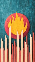 abstract burning sun and tall blades - climate change awareness illustration.