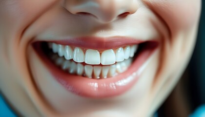 Vibrant close-up of a womans confident smile with pristine white teeth and a dental mirror reflecting oral health