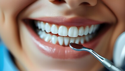 Vibrant close-up of a womans confident smile with pristine white teeth and a dental mirror reflecting oral health