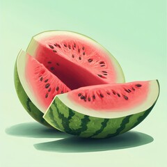 Sticker - A juicy watermelon sliced in half, with a wedge removed, on a green background.