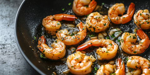 close-up of shrimp scampi cooking in a skillet with garlic and butter