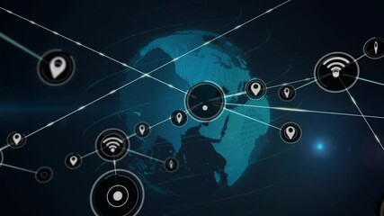 Poster - Animation of network of connections with wifi icons over globe