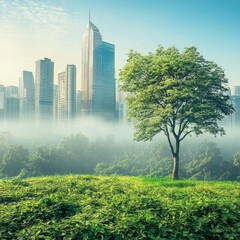 Sticker - A large green tree stands in a field of green grass in front of a misty city skyline with tall buildings.