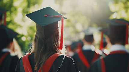 Female graduate is wearing a cap and gown while attending her graduation ceremony with her classmates