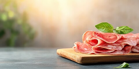 Thin slices of cured prosciutto ham with fresh rosemary sprigs on a wooden board, against a soft, blurred background.