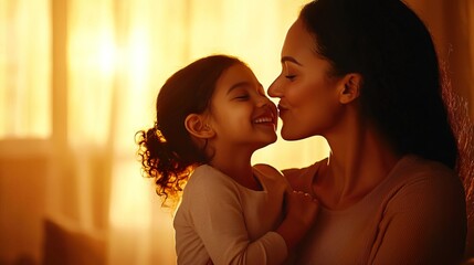 A happy woman and her daughter hugging each other at home, a smiling mother kissing her child on the cheek while sitting in the living room with copy space for text