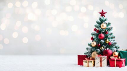 Wall Mural - Decorated snow-covered Christmas tree with red, gold, and white ornaments, surrounded by wrapped presents. Cozy holiday celebration concept.