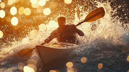 Wall Mural - Closeup view of kayaking in sea water with splashes