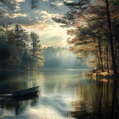 Canvas Print - A lone boat rests on a tranquil lake surrounded by fall foliage and sunbeams breaking through the trees.