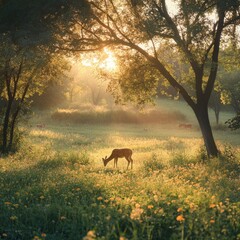 Sticker - A lone deer grazes in a sunlit meadow, framed by a large tree.