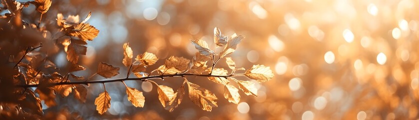 Wall Mural - Golden Autumn Leaves Branch Sunlight Bokeh Background