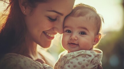 a mother holds her baby close, cradling the infant in her arms. the mother's gaze is full of love an