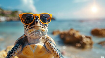 Turtle with Sunglasses Enjoying Ice Cream in Summer Vacation