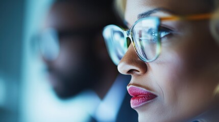 This image depicts an individual concentrating on a digital screen, with a modern, high-tech environment in the background, symbolizing focus and innovation in the digital age.