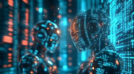 Futuristic trading bots exchanging streams of binary code in a digital space, symbolizing virtual transactions and digital trading, with glowing financial data in the background 