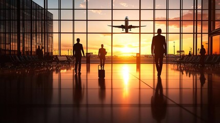 A modern airport terminal with panoramic windows, business people walking in the background, and an airplane taking off outside