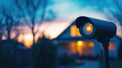 Outdoor surveillance camera with illuminated light at dusk near residential house