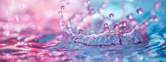 Wall Mural - Colorful splash of water with droplets in pink and blue lighting