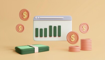 A modern financial illustration featuring cash, coins, and a digital growth chart, symbolizing economic progress and investment.