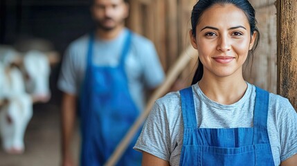 Smiling female farmer in overalls standing in barn with a cow and a man in the background