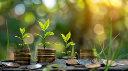 Wall Mural - Stacks of coins with small green plants growing on top. Concept of financial growth and investment. Close-up view outdoors.