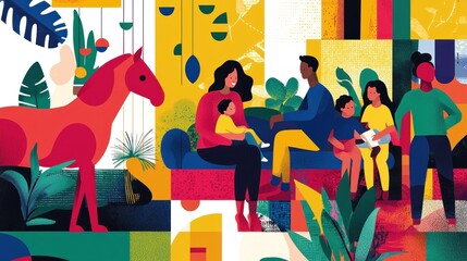 Bright and colourful illustrations of a variety of people, including a man, woman, children and a horse. The figures appear to interact within an abstract environment, with a mix of geometric shapes 