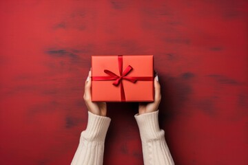 Poster - Christmas gift box holding hand red.