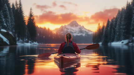 Wall Mural - A person kayaking in lake water in winter with snow mountain at sunrise