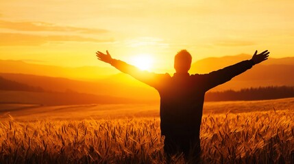 Silhouette of a man with arms raised, enjoying a beautiful sunset over a field of golden wheat.