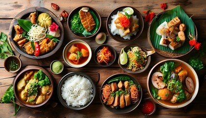 Colorful array of Asian dishes and ingredients beautifully displayed on a rustic wooden table