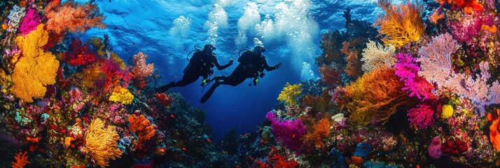 Wall Mural - Diver with colorful beautiful coral reef with sea life fishes