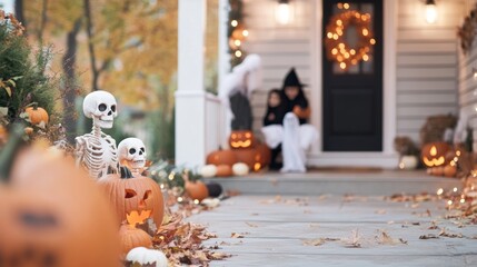 A family decorating their porch with pumpkins skeletons