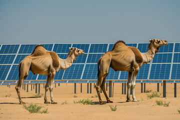 Two camels standing near a solar panel farm in the desert, showcasing the contrast between traditional desert life and modern renewable energy