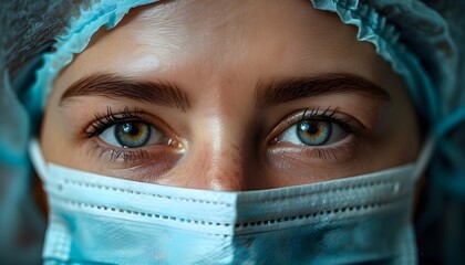 Intimate close-up of a womans eyes and face adorned with a surgical mask, conveying emotion and resilience.