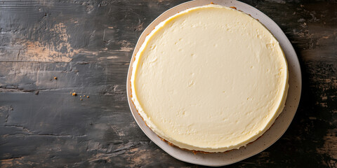 Poster - Cheesecake with smooth top layer on a flat round dish