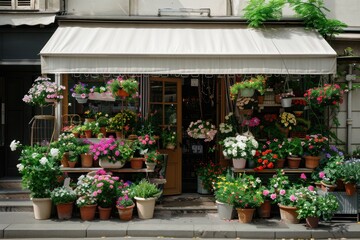 Wall Mural - A front view of an elegant flower shop awning pot outdoors.