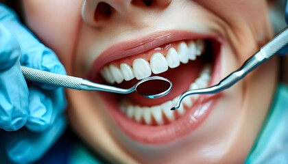 Dental examination revealing a womans healthy, white teeth with a dentists gloved hands expertly handling diagnostic tools in a professional setting.