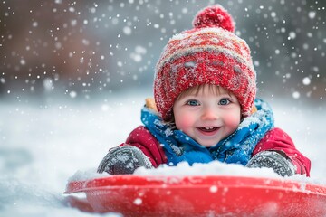 Happy toddler on a colorful sled enjoying snowfall in winter wonderland, winter scene with copy space