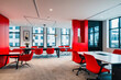 © Saktanong - A vibrant modern office space featuring bold red and black color schemes, stylish furniture. The dynamic workspace design promotes productivity and creativity with sleek desks and high-tech equipment
