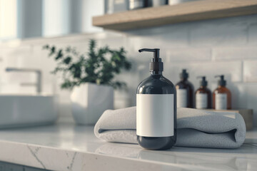 Black Pump Bottle with White Label on a White Marble Countertop