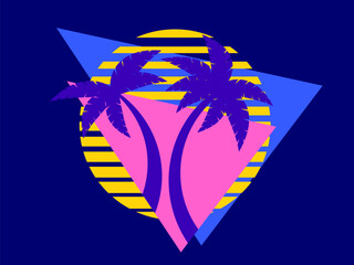 Wall Mural - Palm trees at sunset retro sun in 80s style. Retro futuristic silhouettes of palm trees against the sun in a triangular frame. Synthwave style. Design for banners and posters. Vector illustration