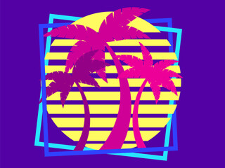 Wall Mural - Palm trees at sunset retro sun in 80s style. Retro futuristic silhouettes of palm trees against the sun in a square frame. Synthwave style. Design for banners and posters. Vector illustration