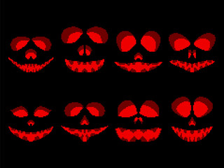 Wall Mural - Halloween scary face icons set in pixel art style. Pixel scary pumpkin face in 8-bit retro graphic style of 80s and 90s games. Design for games, apps, banners and posters. Vector illustration