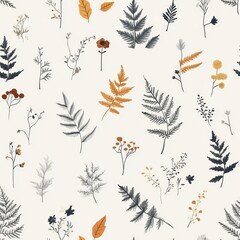 Wall Mural - Botanical Elegance: Seamless Pattern of Autumn Leaves and Wildflowers