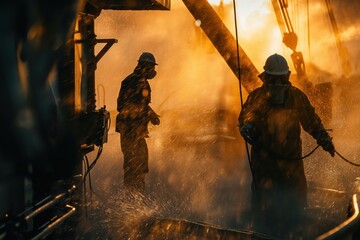 Two offshore workers in protective gear cleaning the deck of an oil rig at sunset