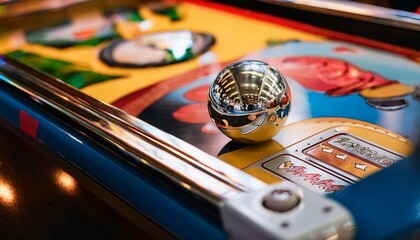 Close up of a pinball machine with a silver ball resting on the flippers.