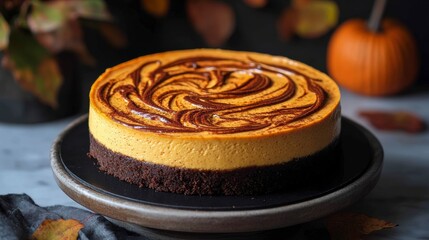 Pumpkin spice cheesecake with chocolate swirls resting on a cake stand